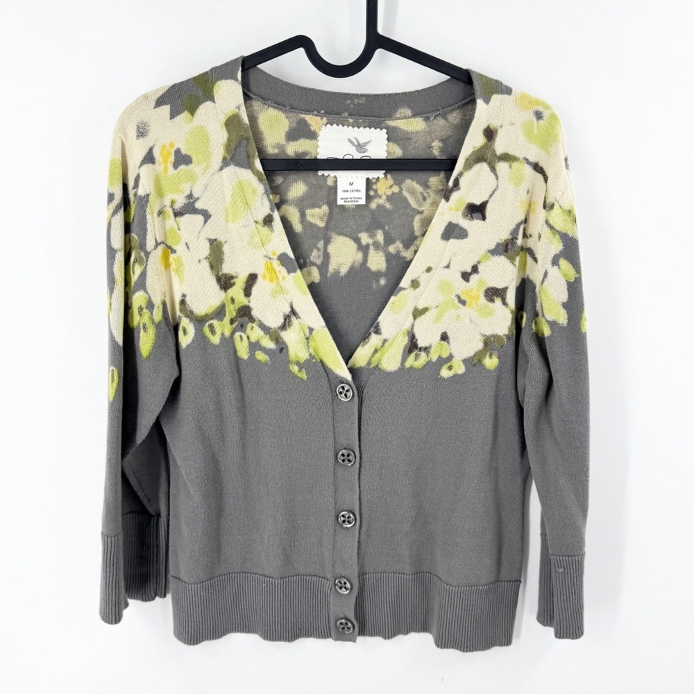 ✅‎ Anthropologie COTTON Grey/CREAM/GREEN Floral Cardigan SIZE MEDIUM
